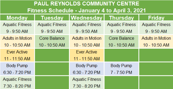 PRCC Fitness Schedule Winter 2021