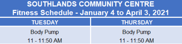 Southlands Fitness Schedule Winter 2021