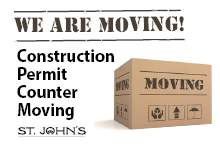 image shows a brown box that says 'moving' and text on white background that says Construction Permit Counter Moving