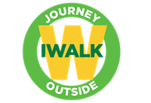 iWalk logo. A yellow W with a green circle around it. Text over the W is IWALK and text at the top of the green circle is Journey with text in the bottom Outside